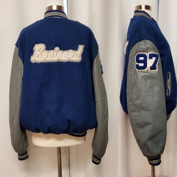 Vintage 90s Varsity Letterman High-school 2 Tone Wool Leather Bomber Jacket Lg - Picture 3 of 13
